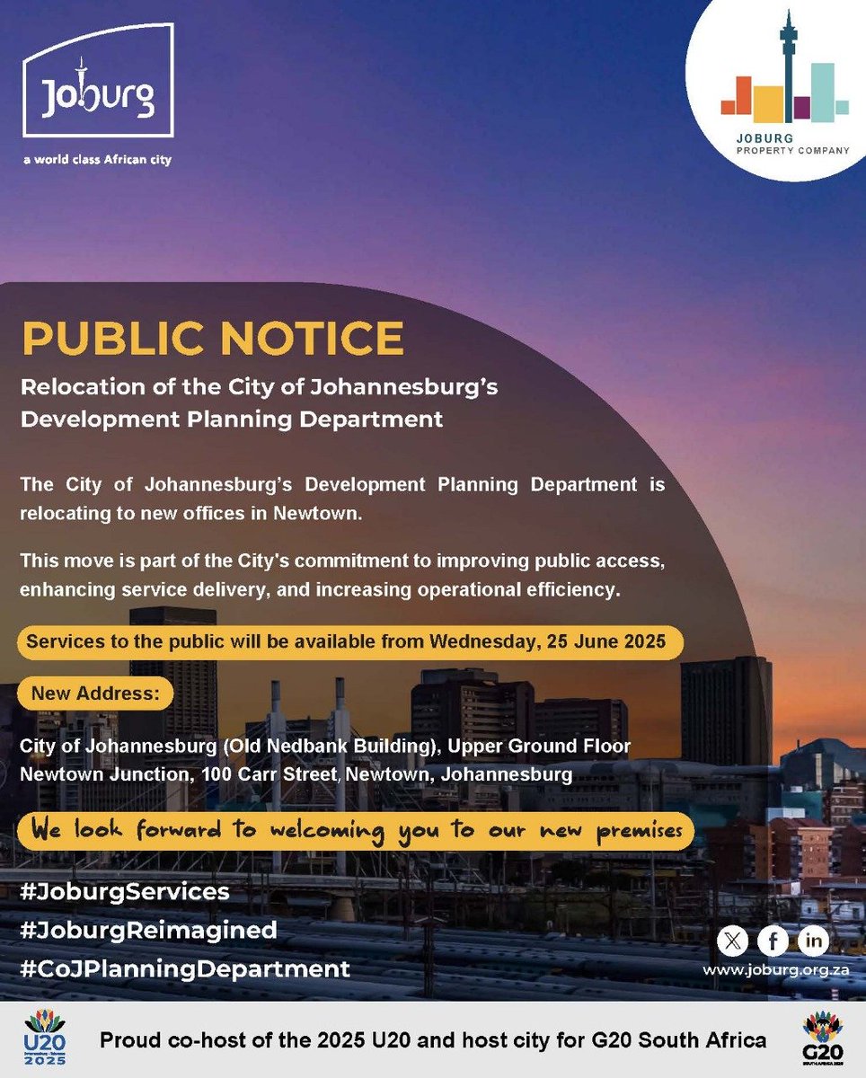 The Development Planning Department is relocating to new offices in Newtown. This move is part of the City's commitment to improving public access, enhancing service delivery, and increasing operational efficiency. Services to the public will be available from 25 June 2025.