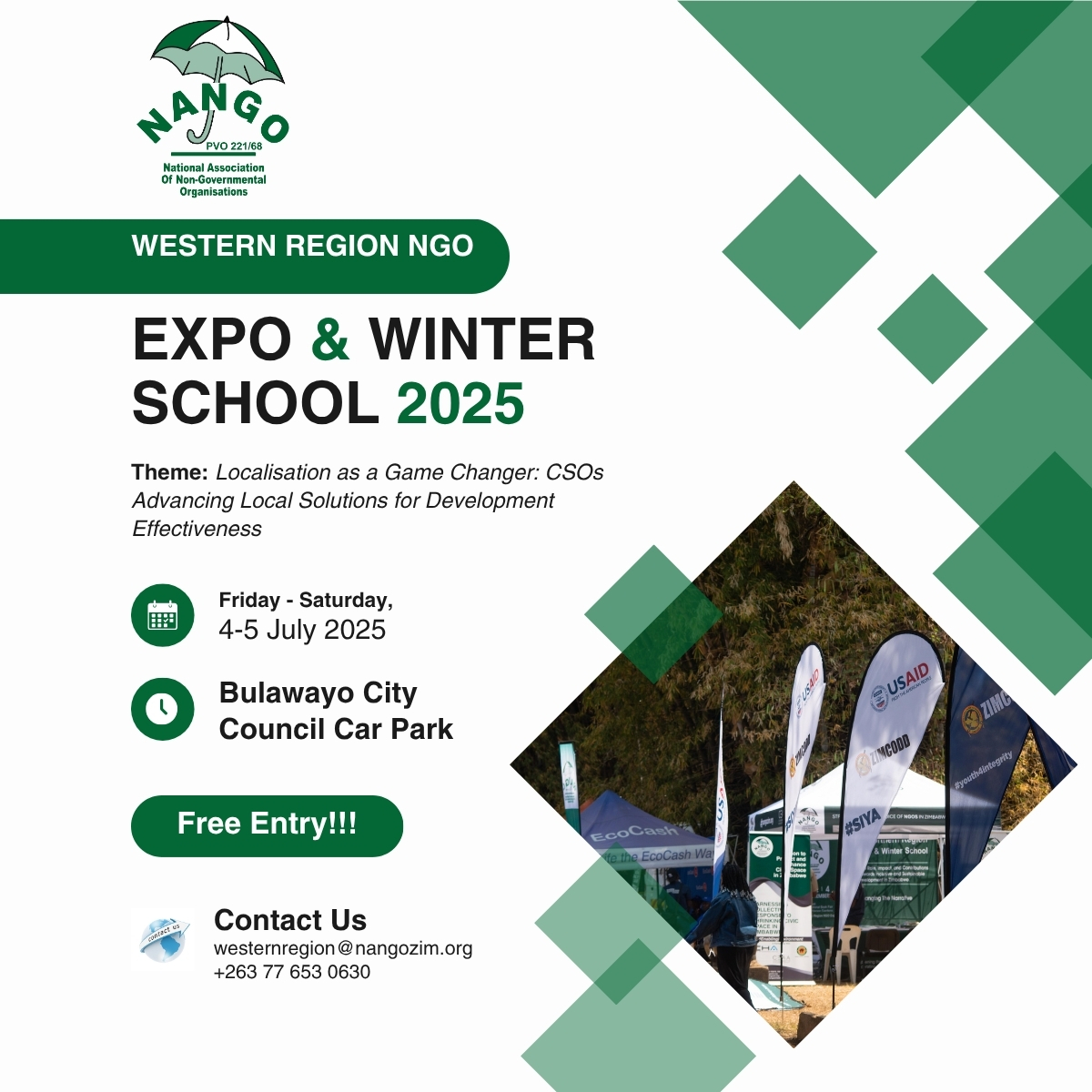 📢 Happening in Bulawayo!
Join the #NGOExpo2025 – NANGO Western Region NGO Expo &amp; Winter School 🗓️ 4–5 July
🕗 0800–1700hrs
📍 Bulawayo City Council Car Park
🎯 Theme: Localisation as a Game Changer

Link: forms.gle/3MpH9yJw7dHDyk…

#CivicSpaceMatters #ChangingTheNarrative