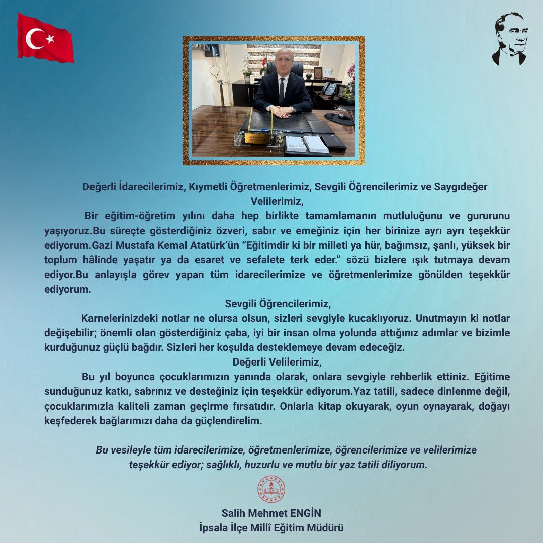 Sevgili Öğrencilerimiz tatilde bol bol dinlenin, öğrenmeye olan sevincinizi hiç kaybetmeden iyi tatiller geçirin!” 🇹🇷📚🌞 <a href="/tcmeb/">Millî Eğitim Bakanlığı</a> <a href="/Edirne_MEM/">Edirne İl Millî Eğitim Müdürlüğü</a> <a href="/smehmetengin/">Salih Mehmet ENGİN</a>