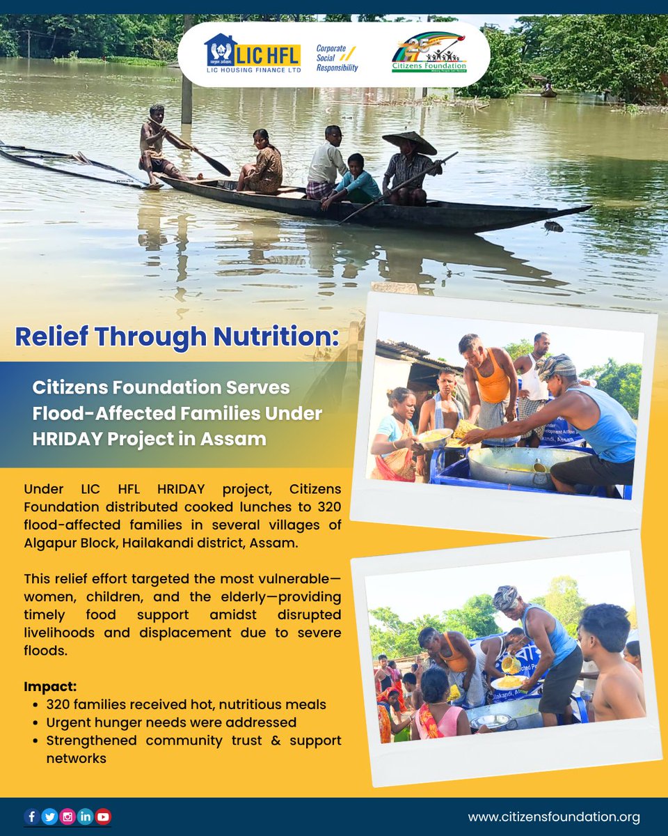 Citizens Foundation (@citizens_cf) on Twitter photo Reaching the Unreached in Times of Crisis 🌧️
Under <a href="/LIC_HFL/">LIC Housing Finance Limited</a> #HRIDAY project, <a href="/citizens_cf/">Citizens Foundation</a> extended vital #food relief by distributing freshly cooked lunches to 320 flood-affected families across multiple villages in Algapur Block, Hailakandi district, #Assam. In the face of Reaching the Unreached in Times of Crisis 🌧️
Under <a href="/LIC_HFL/">LIC Housing Finance Limited</a> #HRIDAY project, <a href="/citizens_cf/">Citizens Foundation</a> extended vital #food relief by distributing freshly cooked lunches to 320 flood-affected families across multiple villages in Algapur Block, Hailakandi district, #Assam. In the face of