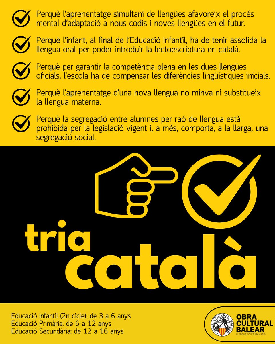 👶✏️ El pròxim dilluns, 23 de juny, comença el procés de matriculació de 4t d’educació infantil (3 anys). No ho dubtis, tria català!

ℹ️ ocb.cat/campanyes/tria…