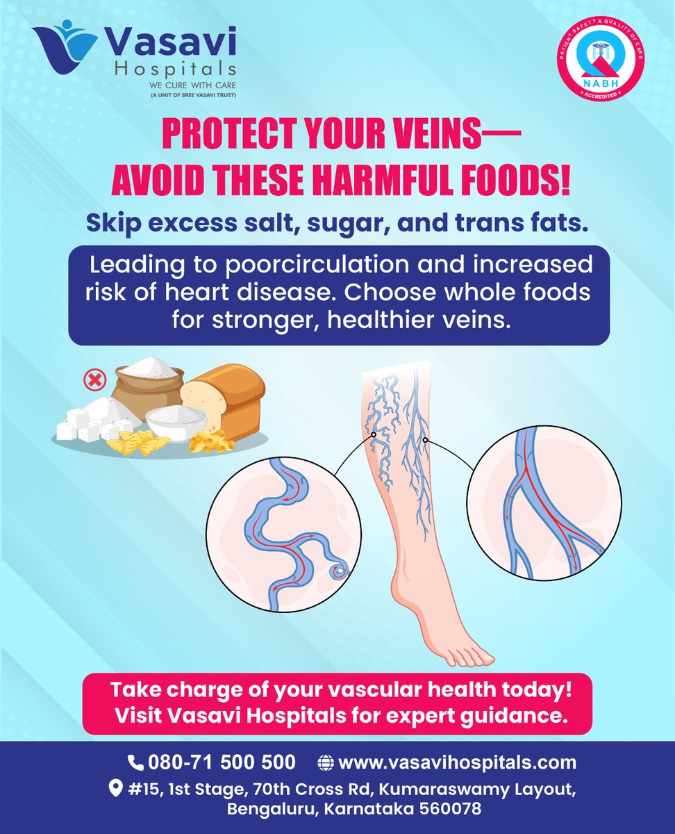 vasavihospitals's tweet image. Protect Your Veins—Avoid These Harmful Foods!

What you eat can directly affect your circulatory system. Excess salt, sugar, and trans fats can damage blood vessels, slow circulation, and raise your risk of heart disease and vascular complications.

#CirculationMatters