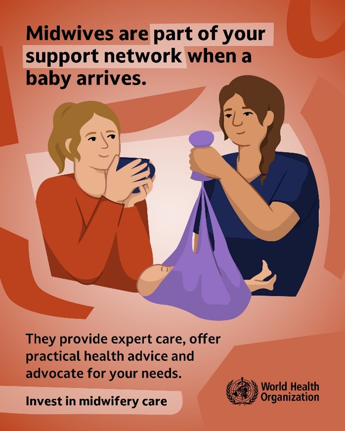 Midwives are a crucial part of your support network when a baby arrives! 

They provide families with quality care, and offer practical health advice, helping you: 
💙 Get started with breastfeeding, if you choose it 
💙 Check your baby’s growth 
💙 Have a healthy recovery after
