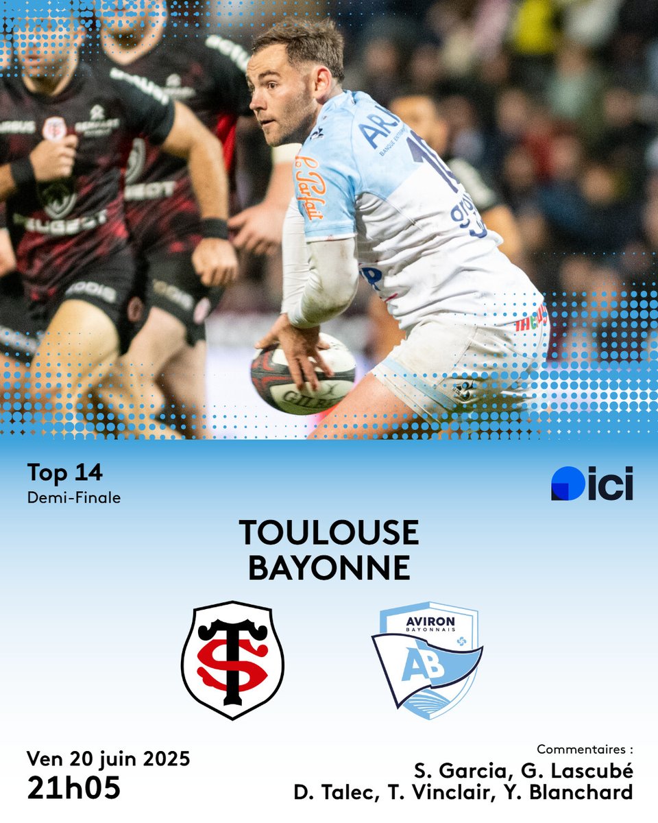 ✨🔵⚪ À match historique, dispositif 𝗘𝗫𝗖𝗘𝗣𝗧𝗜𝗢𝗡𝗡𝗘𝗟 ! De 18h à minuit ! ⏰ 

Aviron Bayonnais 🆚 Stade Toulousain
🏆 Top 14
🗓️ demi-finale
📍 Groupama Stadium, Lyon

🎙️ <a href="/StephaneGrcia/">Stéphaηe Garcia 🎙️</a>, Grégoire Lascubé, <a href="/MrLec/">Mr D. Lec</a>, Yann Blanchard, <a href="/VinclairT/">Thomas Vinclair</a>

#STAB | #Top14 | #teamAB