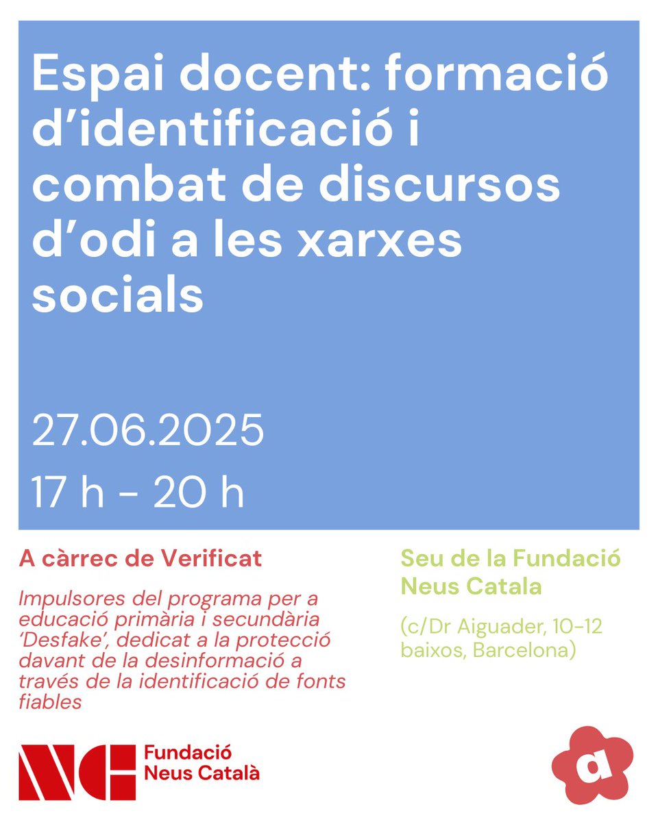 Neus Català (@neuscatala_fun) on Twitter photo 🗣️ El pròxim divendres 27 de juny, entre les 17 i les 20 h, <a href="/veri_fi_cat/">Verificat</a> ens ajudarà a identificar i combatre discursos d'odi a les xarxes socials en la nova sessió de formació a l'Espai docent.
📝 Encara no formeu part de l'Espai docent? crm.comunistes.cat/form/abril-rec… 🗣️ El pròxim divendres 27 de juny, entre les 17 i les 20 h, <a href="/veri_fi_cat/">Verificat</a> ens ajudarà a identificar i combatre discursos d'odi a les xarxes socials en la nova sessió de formació a l'Espai docent.
📝 Encara no formeu part de l'Espai docent? crm.comunistes.cat/form/abril-rec…