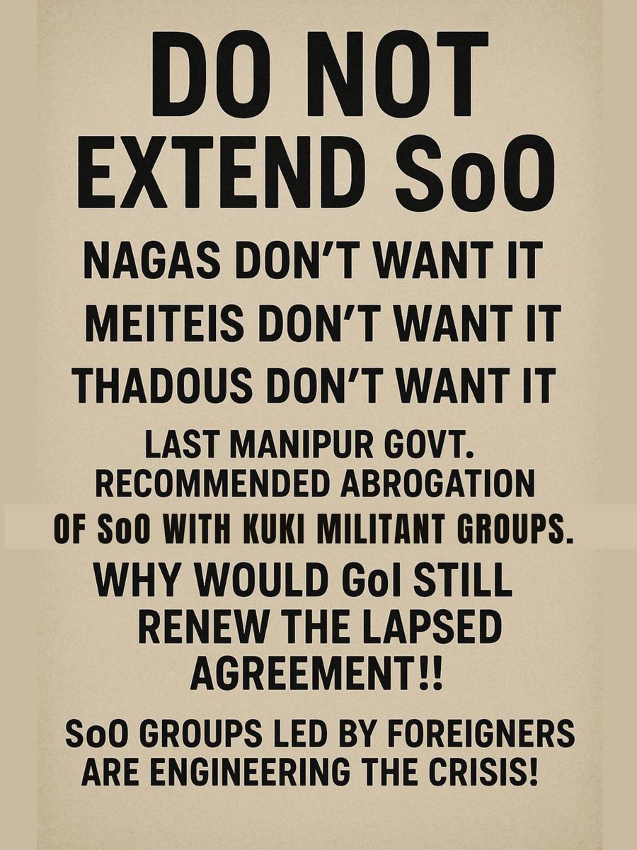 Meetei Today II (@meeteitodayii) on Twitter photo DO NOT EXTEND SoO with the Myanmar origin Chin-Kuki NarcoTerrorists in #Manipur who are the main brain behind the ethnic cleansing 😡
<a href="/AmitShah/">Amit Shah</a> <a href="/HMOIndia/">गृहमंत्री कार्यालय, HMO India</a> <a href="/PIBHomeAffairs/">PIB - Ministry of Home Affairs</a> <a href="/PMOIndia/">PMO India</a> <a href="/narendramodi/">Narendra Modi</a> <a href="/rashtrapatibhvn/">President of India</a> <a href="/VPIndia/">Vice-President of India</a> <a href="/rajnathsingh/">Rajnath Singh</a> <a href="/UN/">United Nations</a> <a href="/UNGeneva/">United Nations Geneva</a> <a href="/UNHumanRights/">UN Human Rights</a> <a href="/IntlCrimCourt/">Int'l Criminal Court</a> DO NOT EXTEND SoO with the Myanmar origin Chin-Kuki NarcoTerrorists in #Manipur who are the main brain behind the ethnic cleansing 😡
<a href="/AmitShah/">Amit Shah</a> <a href="/HMOIndia/">गृहमंत्री कार्यालय, HMO India</a> <a href="/PIBHomeAffairs/">PIB - Ministry of Home Affairs</a> <a href="/PMOIndia/">PMO India</a> <a href="/narendramodi/">Narendra Modi</a> <a href="/rashtrapatibhvn/">President of India</a> <a href="/VPIndia/">Vice-President of India</a> <a href="/rajnathsingh/">Rajnath Singh</a> <a href="/UN/">United Nations</a> <a href="/UNGeneva/">United Nations Geneva</a> <a href="/UNHumanRights/">UN Human Rights</a> <a href="/IntlCrimCourt/">Int'l Criminal Court</a>