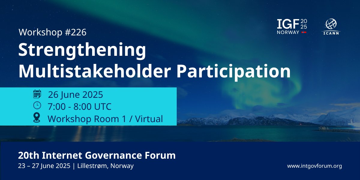 Digital cooperation works only when all stakeholders have a seat at the table. 
Join #ICANN &amp; <a href="/UNESCO/">UNESCO 🏛️ #Education #Sciences #Culture 🇺🇳</a> at #IGF2025 for Workshop #226: “Strengthening Multistakeholder Participation”: bit.ly/43G09yx
Topics: New gTLD Program, UNESCO’s Language Technologies Roadmap, and more.
