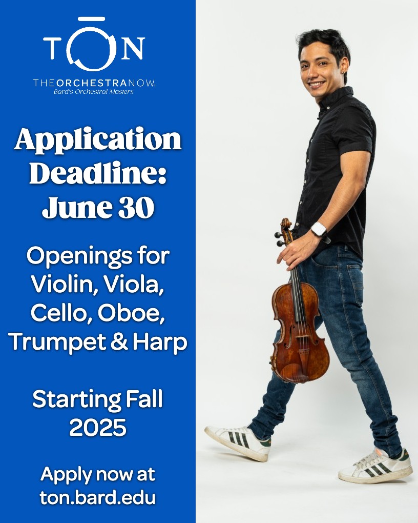 The application deadline for Fall 2025 is Monday, June 30. We currently have openings for violin, viola, cello, oboe, trumpet, and harp. Musicians interested in joining the 3-year master's degree or 2-year advanced certificate program can find more info at ton.bard.edu/academics/appl…