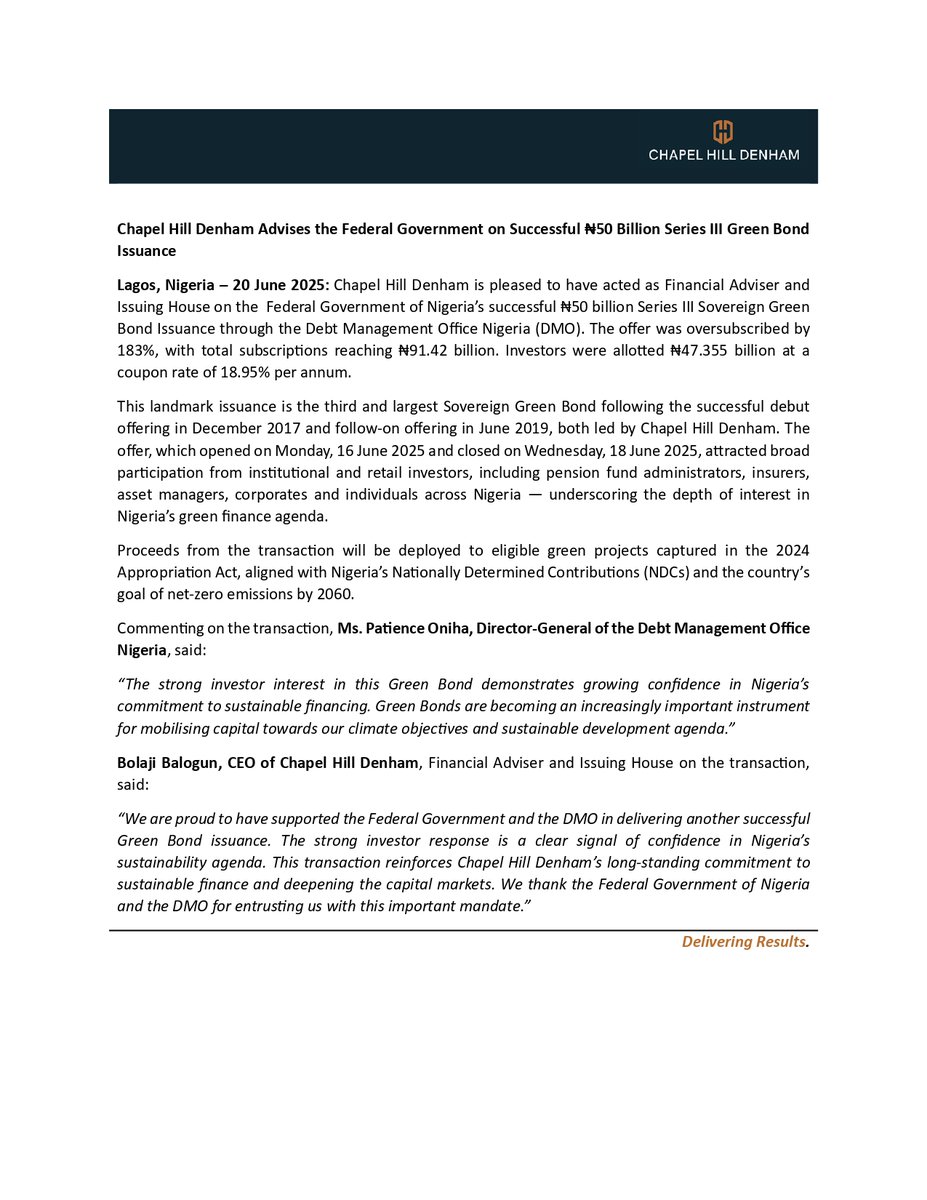 Chapel Hill Denham (@chapelhillng) on Twitter photo Chapel Hill Denham advises the <a href="/NigeriaGov/">Government of Nigeria</a> - <a href="/FinMinNigeria/">Federal Ministry of Finance</a>, Federal Ministry of Environment, on the successful ₦50 Billion Series III Green Bond Issuance through the <a href="/DMONigeria/">DMO Nigeria</a>.
Read more: chapelhilldenham.com/chapel-hill-de…
#DeliveringResults #ChapelHillDenham #GreenBonds Chapel Hill Denham advises the <a href="/NigeriaGov/">Government of Nigeria</a> - <a href="/FinMinNigeria/">Federal Ministry of Finance</a>, Federal Ministry of Environment, on the successful ₦50 Billion Series III Green Bond Issuance through the <a href="/DMONigeria/">DMO Nigeria</a>.
Read more: chapelhilldenham.com/chapel-hill-de…
#DeliveringResults #ChapelHillDenham #GreenBonds