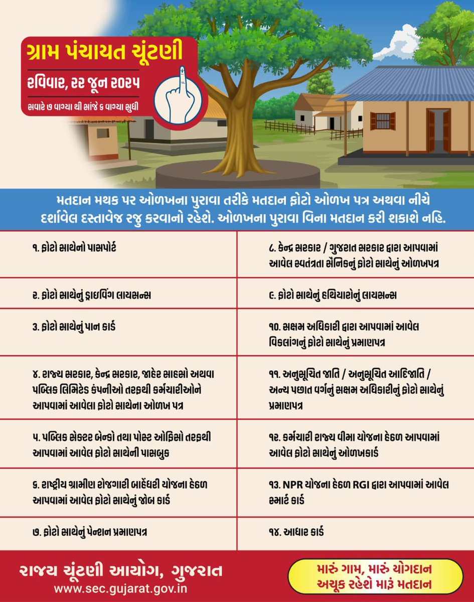 મારી સજાગતા, મારો અધિકાર.

#ગ્રામપંચાયતચૂંટણી #મારોમતમારોઅધિકાર

<a href="/CMOGuj/">CMO Gujarat</a> <a href="/InfoGujarat/">Gujarat Information</a> <a href="/CollectorRjt/">Collector Rajkot</a> <a href="/SECGujarat/">SEC, Gujarat</a>