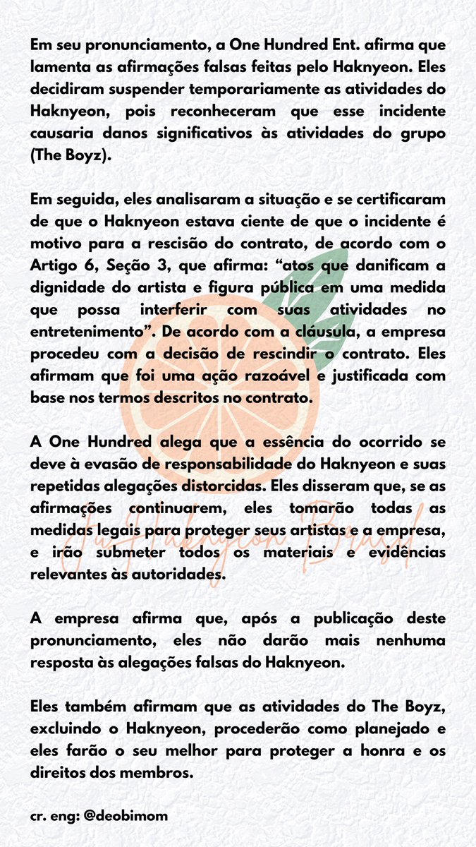 [#TRAD] | 20.06.25 - Tradução do pronunciamento da 100ent em resposta às publicações do Haknyeon.

cr.: deobimom

#JUSTICEFORHAKNYEON
#THEBOYZISELEVEN #BRINGBACKJUHAKNYEON
#JUHAKNYEONDESERVESBETTER #THEBOYZ #더보이즈 #주학년 #JUHAKNYEON