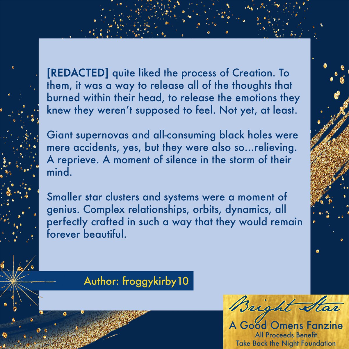 Our Own Side Fundraiser (@ourownsidefund) on Twitter photo In this spotlight by <a href="/froggiekirby10/">Ari | Leon | Mari ✨</a>, a starmaking angel finds beauty in imperfect stars!
Featured in 'Bright Star', our celestial zine-- all profits go towards the 'Take Back the Night' Foundation
pyracantha.itch.io/bright-star
#goodomens #brightstarzine #oowsfundraiser In this spotlight by <a href="/froggiekirby10/">Ari | Leon | Mari ✨</a>, a starmaking angel finds beauty in imperfect stars!
Featured in 'Bright Star', our celestial zine-- all profits go towards the 'Take Back the Night' Foundation
pyracantha.itch.io/bright-star
#goodomens #brightstarzine #oowsfundraiser