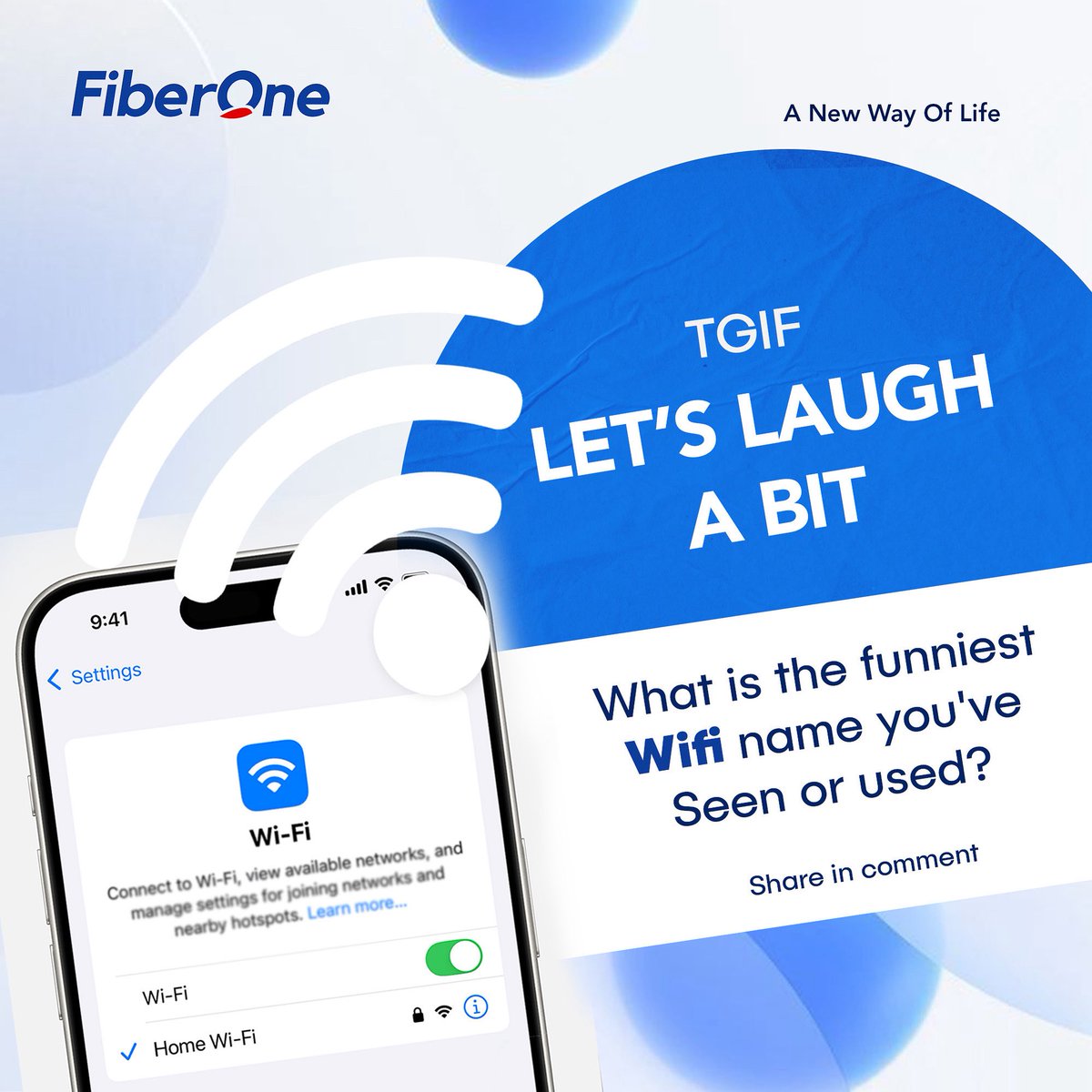 FOBroadband's tweet photo. We all know someone with a WiFi name that deserves an award! 🏆
Drop the funniest or most creative WiFi name you’ve ever seen or used in the comments 👇
Let’s get some laughs going this Friday!
#Fiberonebroadnand #WiFiNames #TGIF https://t.co/ygbRdPnrbc