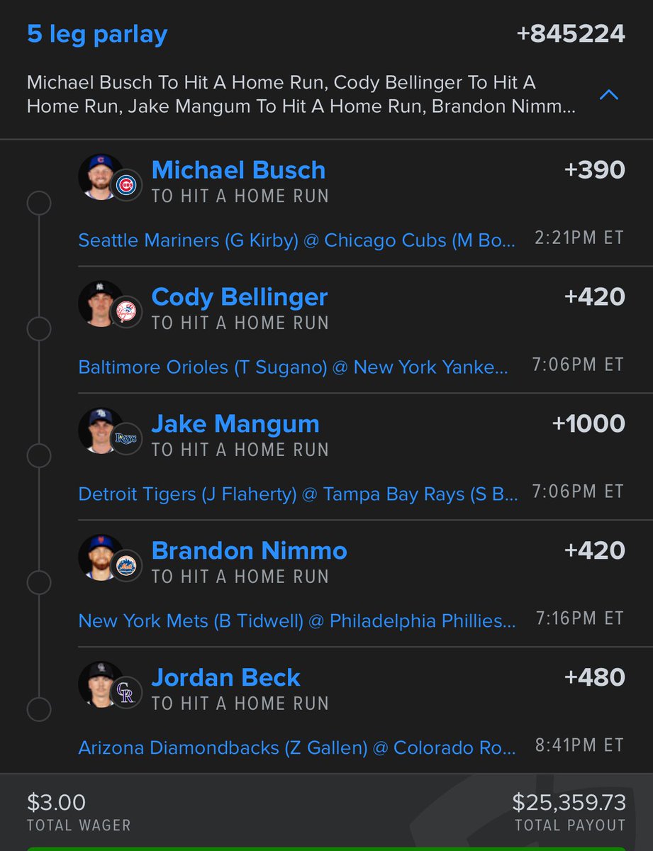 Fanduel MLB Home Runs ⚾️💣

$3 + 5 swings of the bat = 25k 🤑

RRx4 0.03
RRx3 0.05
RRx2 0.10