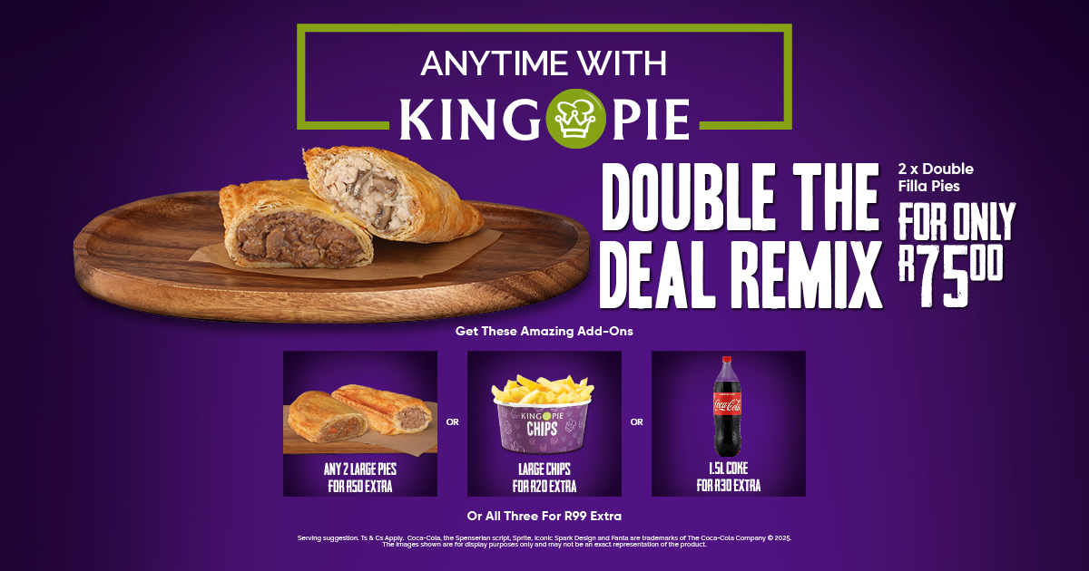 Feeling those hunger pangs big time?
Get a delicious royal pie. Get a King Pie.

Stand a chance to WIN R6,000 with <a href="/Kingpiebrand/">King Pie</a>. 

WhatsApp 'King Pie', name &amp; surname to 063 688 0959.
Answer your phone with the phrase that pays 'Anytime with King Pie'.

#AnytimeWithKingPie

Ts &amp;