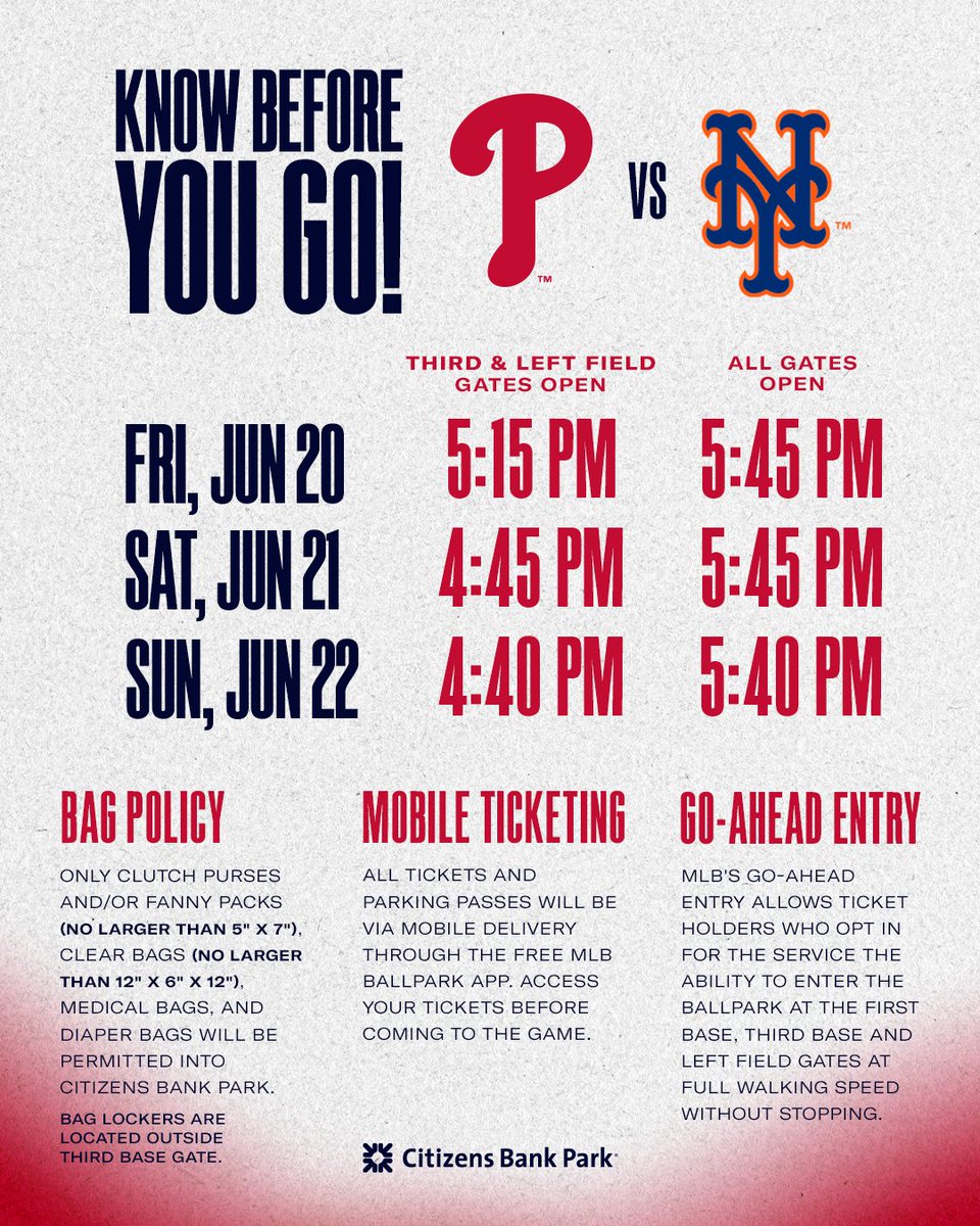 PhilliesCBP's tweet image. We've got a big weekend on deck!
*Fans should note that with the FIFA Club World Cup games at Lincoln Financial Field on Friday and Saturday, some lots will be held strictly for Phillies traffic.
Ballpark Buzz: atmlb.com/4eaV2uZ