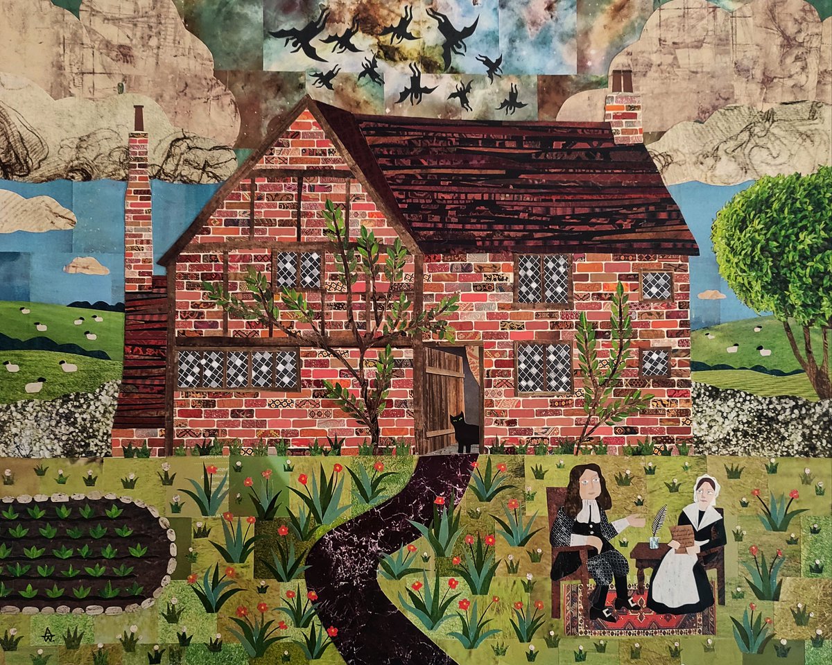 Milton's Cottage was a sanctuary from the Great Plague for the poet in 1665 as he wrote #ParadiseLost. Here we see the fallen &amp; falling angels, the miasma of the plague and the smoke of the following year's Great Fire. 
My cut paper collage for <a href="/theshopfloor/">The Shop Floor Project</a>  
@miltonscottage