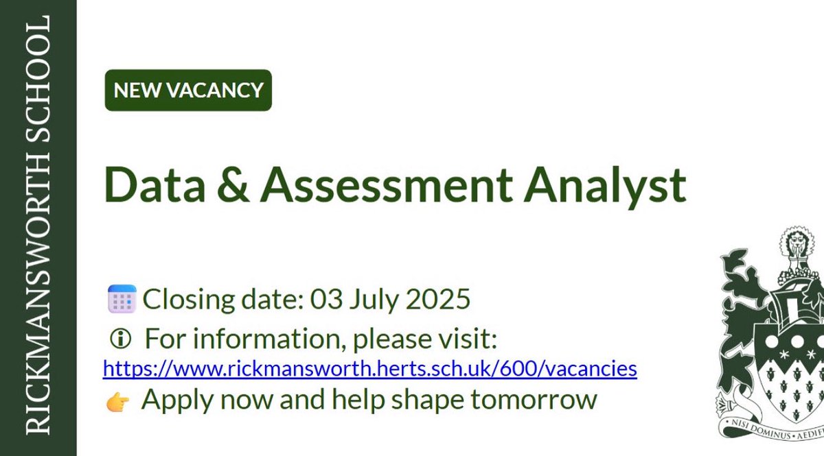rickyschool's tweet image. 📊 Join Rickmansworth School!
We’re hiring a Data &amp;amp; Assessment Analyst to turn school data into real impact.

✅ Use data to drive learning
📈 Spot trends &amp;amp; support interventions
📚 Help students thrive

🔗 Apply now: lnkd.in/enSEa_dZ
#EdJobs #DataJobs #Education