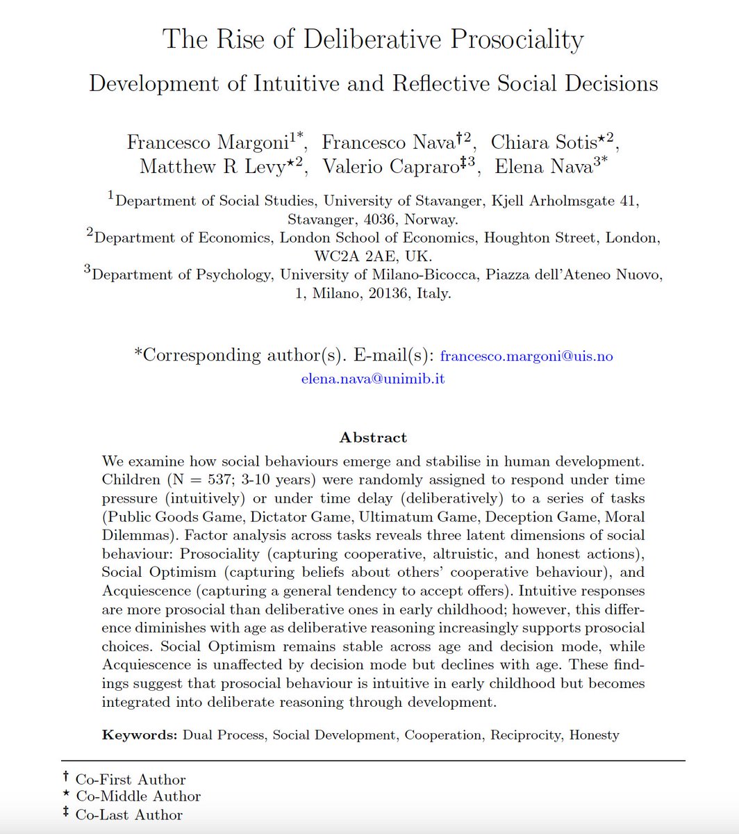 ValerioCapraro's tweet image. 🚨 New preprint!
We think we've found something fascinating about prosociality.
One of the big questions in social science is:
When, and how, do humans become prosocial?
To tell something new, we designed a unique experiment combining three characteristics:
1) We tested a…