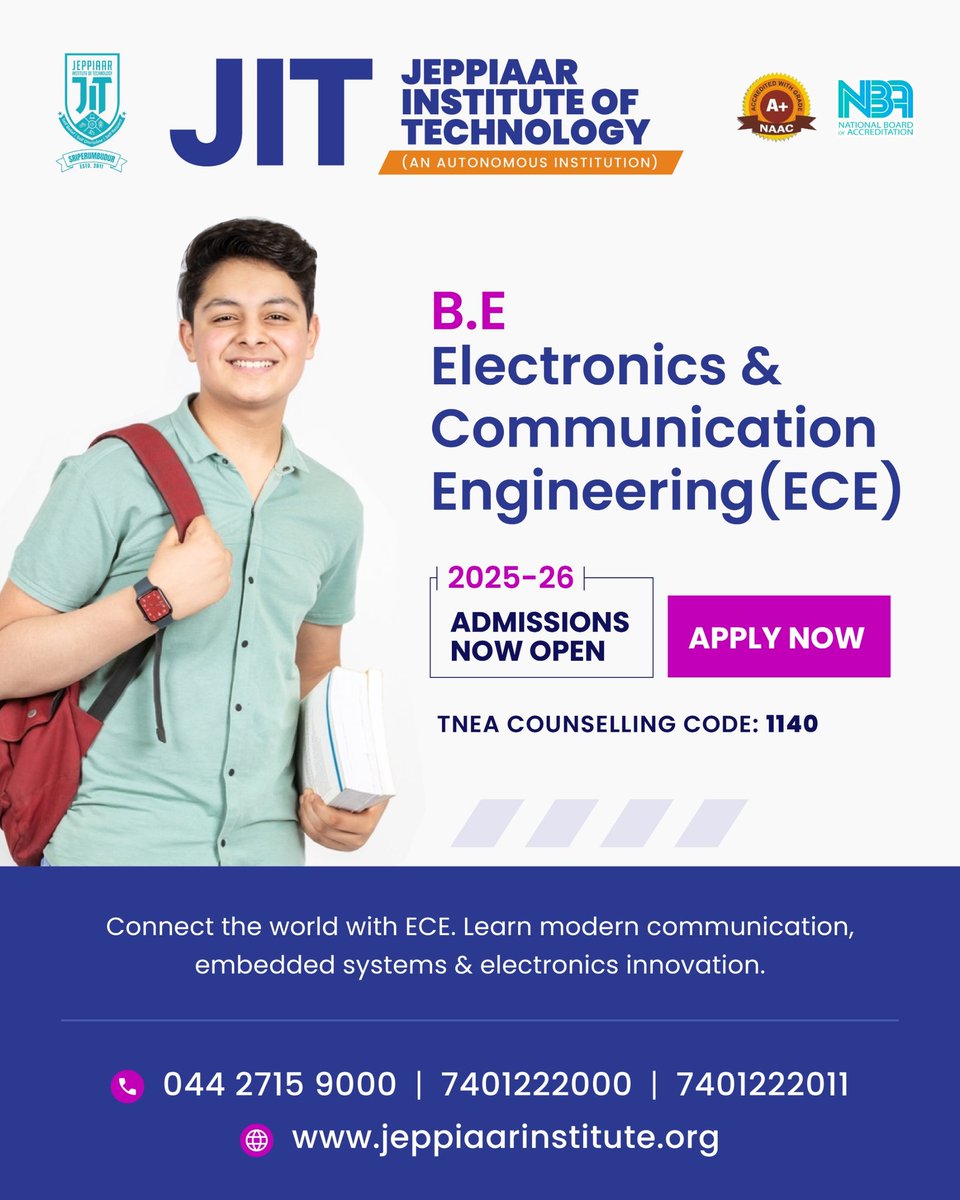 JeppiaarIT's tweet photo. 💡 Explore Innovation. Engineer the Future.
Join the B.E. Electronics & Communication Engineering (ECE) program at Jeppiaar Institute of Technology — where technology meets creativity.
#JeppiaarECE #ElectronicsAndCommunication #FutureReady #JIT2025 #ECEEngineering #StudyWithJIT https://t.co/PCIqYLLpCj