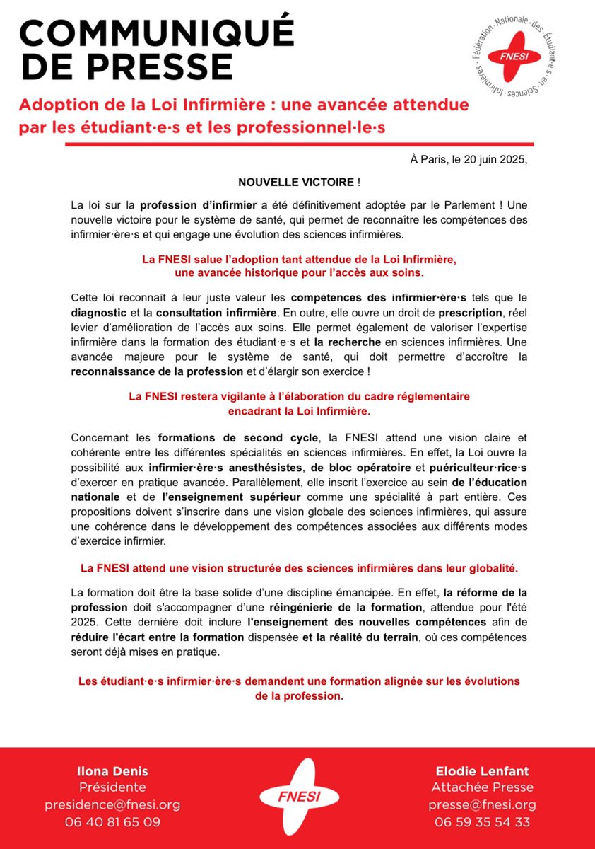 #LoiInfirmière | Victoire pour la profession avec l'adoption de la Loi Infirmière par le Parlement !

✅ Reconnaissance de l’exercice #infirmier,

✅ Valorisation des sciences infirmières,

🚨 Les #ESI demandent une formation alignée sur les évolutions de la profession.