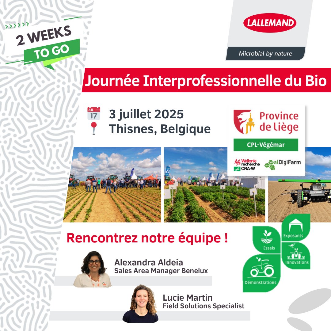 📢 Dans 2 semaines, cap sur la Journée Interprofessionnelle du Bio à Thisnes (Belgique) ! 🌿
Echangeons autour des biosolutions microbiennes &amp; des enjeux de santé des plantes et des sols !
#JournéeBio #AgricultureBiologique #Biosolutions #SantéDesPlantes #FilièreBio