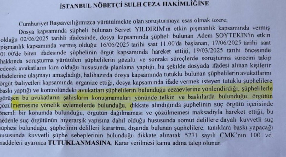 Soruşturma sürecini takip edecek avukatları belirlemek, savunma stratejisi oluşturmak ve müvekkiliyle görüşmek…

Savunma hakkının en temel gereklerini yerine getirmekten ibaret bu faaliyetler, artık tutuklama gerekçesi yapılabiliyor.

Meslektaşım Av. Mehmet Pehlivan’ın