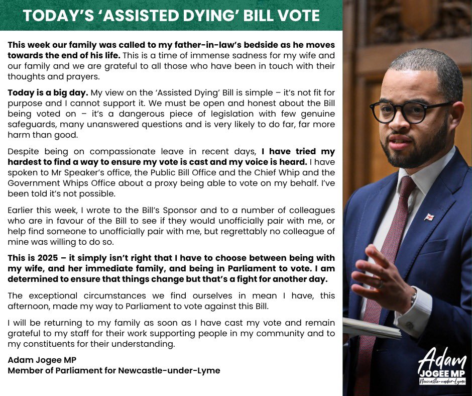 Parliament is about to vote on the Assisted Dying Bill. 

I tried so hard to find a way for my vote to be counted so I could stay with my family. 

It beggars belief that this wasn’t possible. 

As such, I have just arrived at the House of Commons to vote against this Bill.