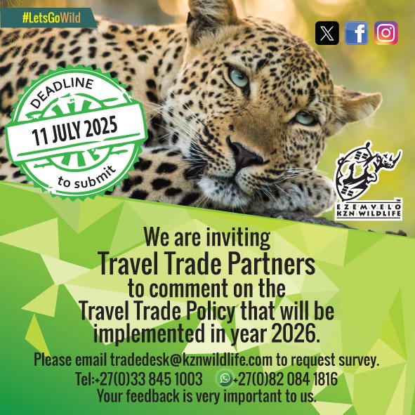 Calling all Travel Trade Partners! 📢 

Ezemvelo KZN Wildlife wants your input on the new Travel Trade Policy launching in 2026. Your expertise will help us create sustainable, impactful tourism experiences.

#LetsGoWild 
#TravelTrade #KZNTourism 
#HaveYourSay