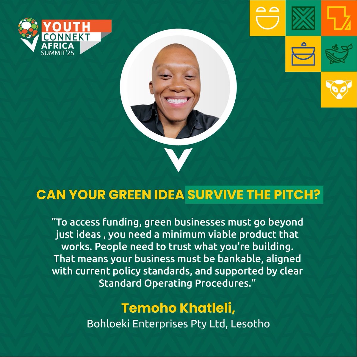 YouthConnektAf's tweet photo. Got a green idea?💡 Can it survive the pitch?

Bankable. Trustable. Scalable. That’s the real green test. 🌱💼

🎧 Hear it from Temoho Khatleli in the #GreenEntrepreneurship X Space:

👉 https://t.co/EHHplism9I

#YCS2025 #Madagascar https://t.co/LxpWn0mqCn