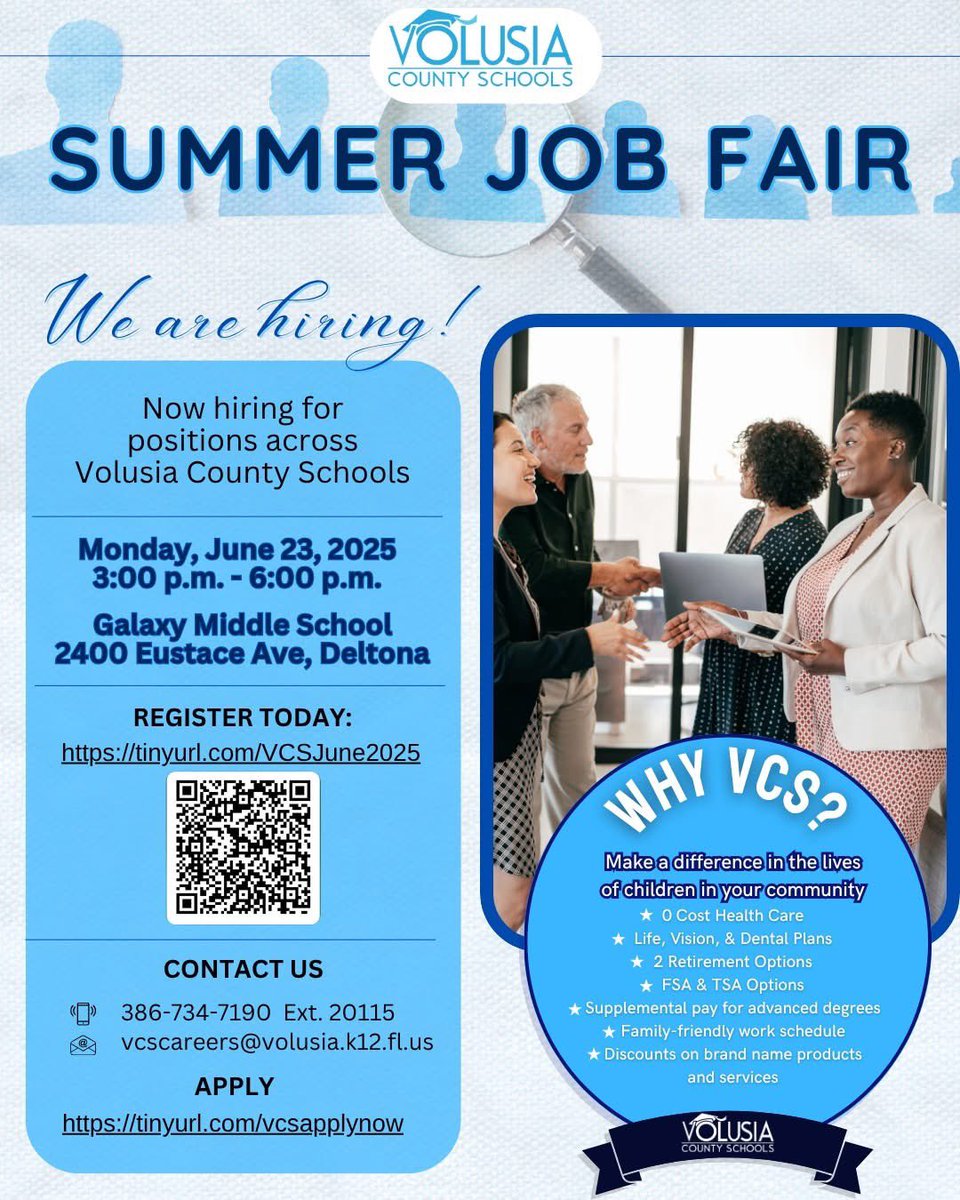 Volusia Recruits (@volusiarecruits) on Twitter photo ๐
Mark your calendars for ๐๐จ๐ง. ๐๐ฎ๐ง๐ ๐๐๐ซ๐. Weโre hiring!!
Join us from 3:00 โ 6:00 pm to learn about open positions & opportunities in <a href="/volusiaschools/">Volusia County Schools</a>.
๐๐๐ ๐ข๐ฌ๐ญ๐๐ซ ๐๐จ๐๐๐ฒ: tinyurl.com/VCSJune2025
#NowHiring #JobFair #JoinOurTeam #MakeADifference ๐
Mark your calendars for ๐๐จ๐ง. ๐๐ฎ๐ง๐ ๐๐๐ซ๐. Weโre hiring!!
Join us from 3:00 โ 6:00 pm to learn about open positions & opportunities in <a href="/volusiaschools/">Volusia County Schools</a>.
๐๐๐ ๐ข๐ฌ๐ญ๐๐ซ ๐๐จ๐๐๐ฒ: tinyurl.com/VCSJune2025
#NowHiring #JobFair #JoinOurTeam #MakeADifference