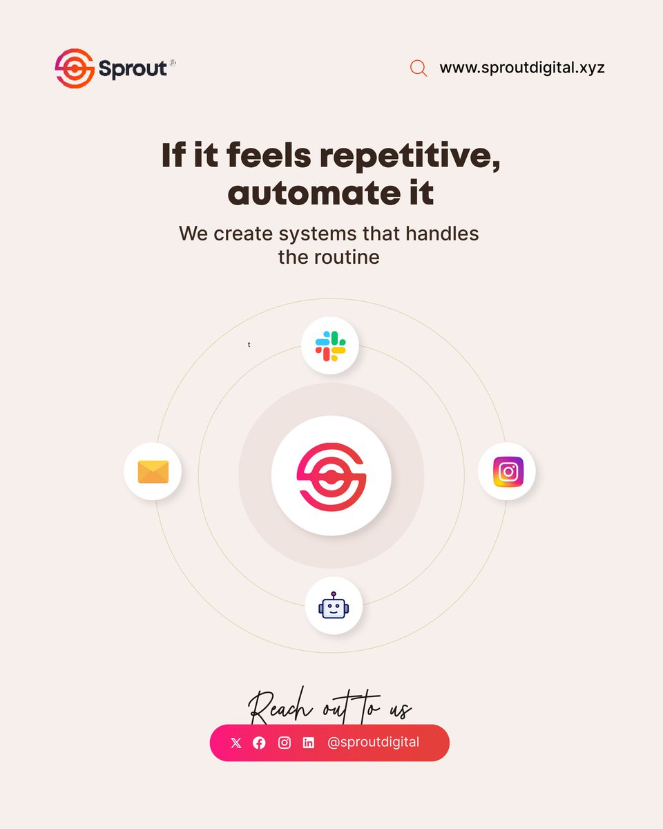 If it feels repetitive, automate it.
Sprout® builds systems that handle the routine so you don’t have to.

🌐 sproutdigital.xyz
👋 @sproutdigital

#Automation #BusinessTools #ProductivityHack #SproutDigital #TechSolutions #WorkSmarter