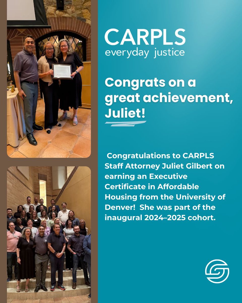 🎉 Huge congratulations to our very own CARPLS Staff Attorney Juliet Gilbert on earning an Executive Certificate in Affordable Housing from the University of Denver!