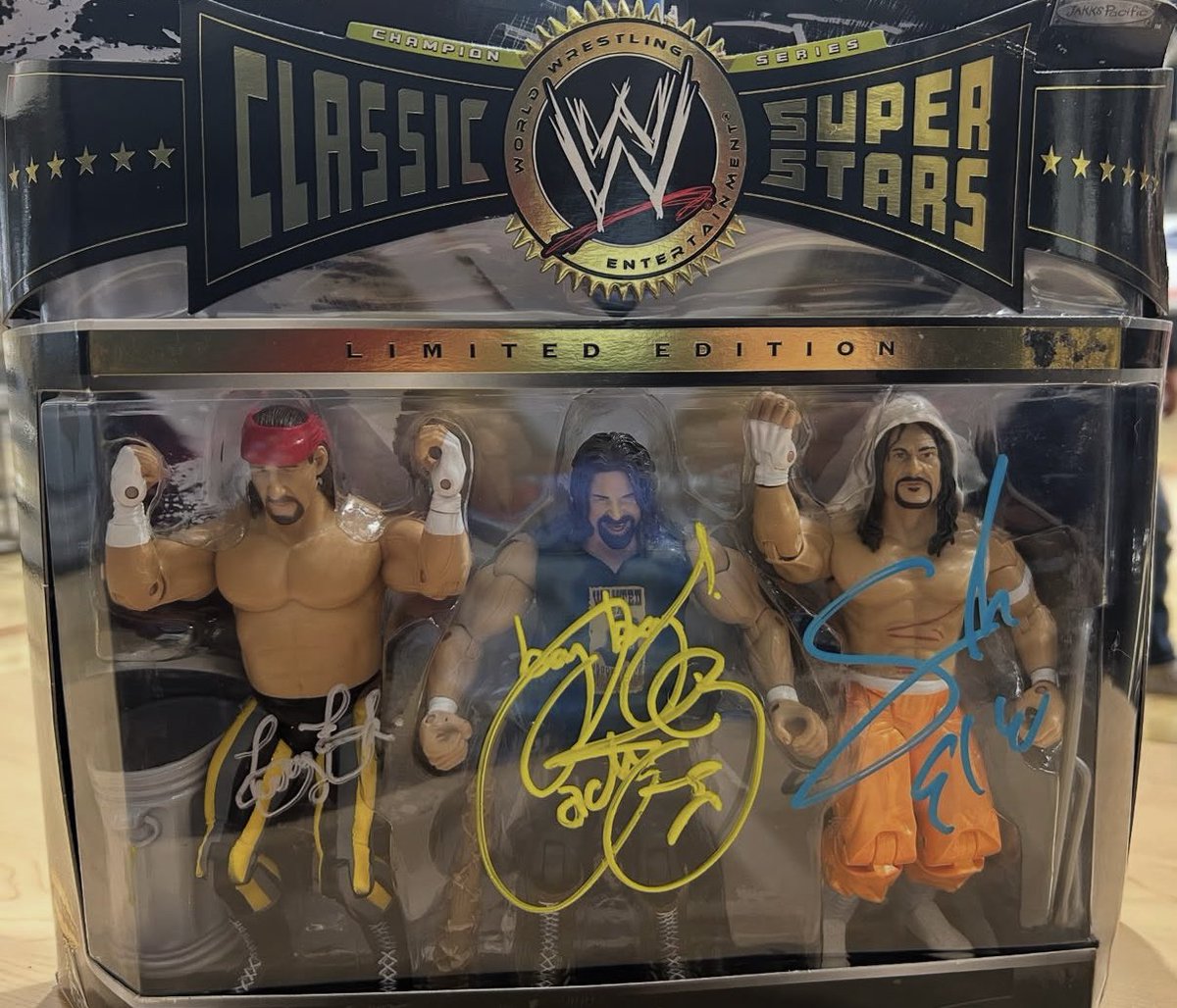 Look at this incredible figure set that Mick Foley just signed!

He said this is only the third or fourth time that his signature has completed the set.

Are you one of the few who has gotten all three autographs?

Do you have any unique items/stories like this you could share?