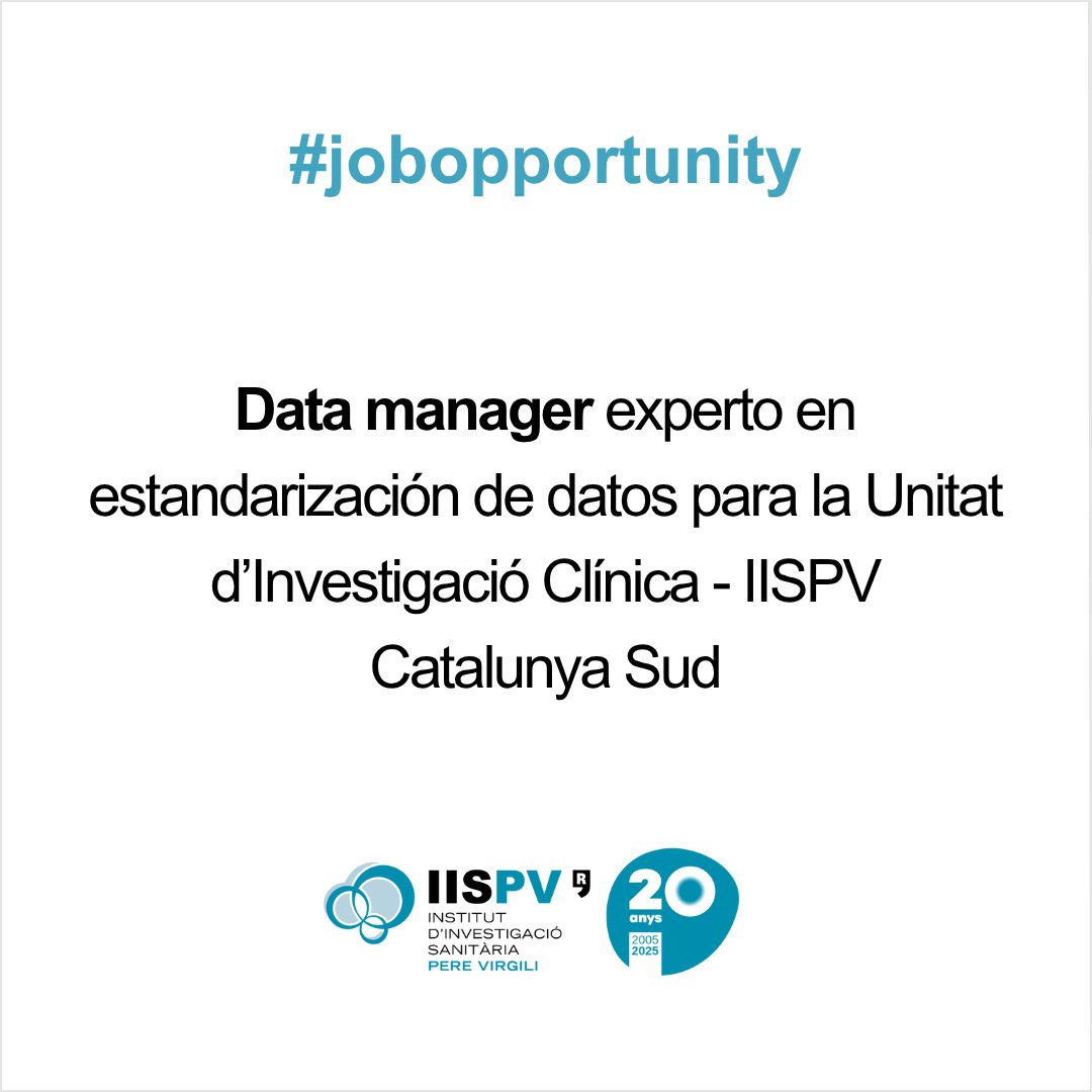 IISPereVirgili's tweet image. 📢 #JobAlert #OfertaDeFeina #Empleo
IC41_25 – Experto en estandarización de datos para la Unitat d’Investigació Clínica IISPV Catalunya Sud
⌛04/07/25
❗ Grado en Informática, Bioinformática, Estadística o disciplinas afines.
Candidaturas➡️ bit.ly/4666KVD