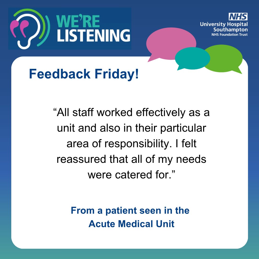 WecareUHSFT's tweet image. Happy Feedback Friday!🎉
Each Friday we celebrate the successes of different teams and staff across @UHSFT, with all of the feedback coming from our Friends and Family Tests (FFTs).
Our feedback this week is from a patient seen in the Acute Medical Unit!