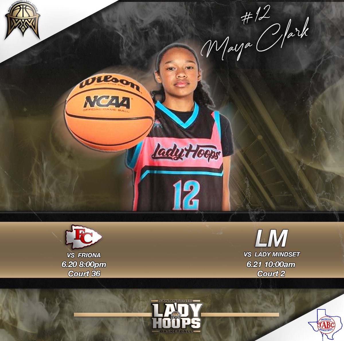Maya Clark (@clarkmaya_2030) on Twitter photo Excited to compete with my <a href="/SALadyHoops/">San Antonio Lady Hoops</a> Diamond teammates at <a href="/Road2Natls/">TheRoad2Nationals</a> 🏆 San Antonio National Tournament 🏆
June 19 -22 | San Antonio
18th Annual
<a href="/mikemillsnc/">Mike Mills WBB College Recruiting</a> <a href="/EJBdesignco/">EJB DESIGN CO.</a> Excited to compete with my <a href="/SALadyHoops/">San Antonio Lady Hoops</a> Diamond teammates at <a href="/Road2Natls/">TheRoad2Nationals</a> 🏆 San Antonio National Tournament 🏆
June 19 -22 | San Antonio
18th Annual
<a href="/mikemillsnc/">Mike Mills WBB College Recruiting</a> <a href="/EJBdesignco/">EJB DESIGN CO.</a>