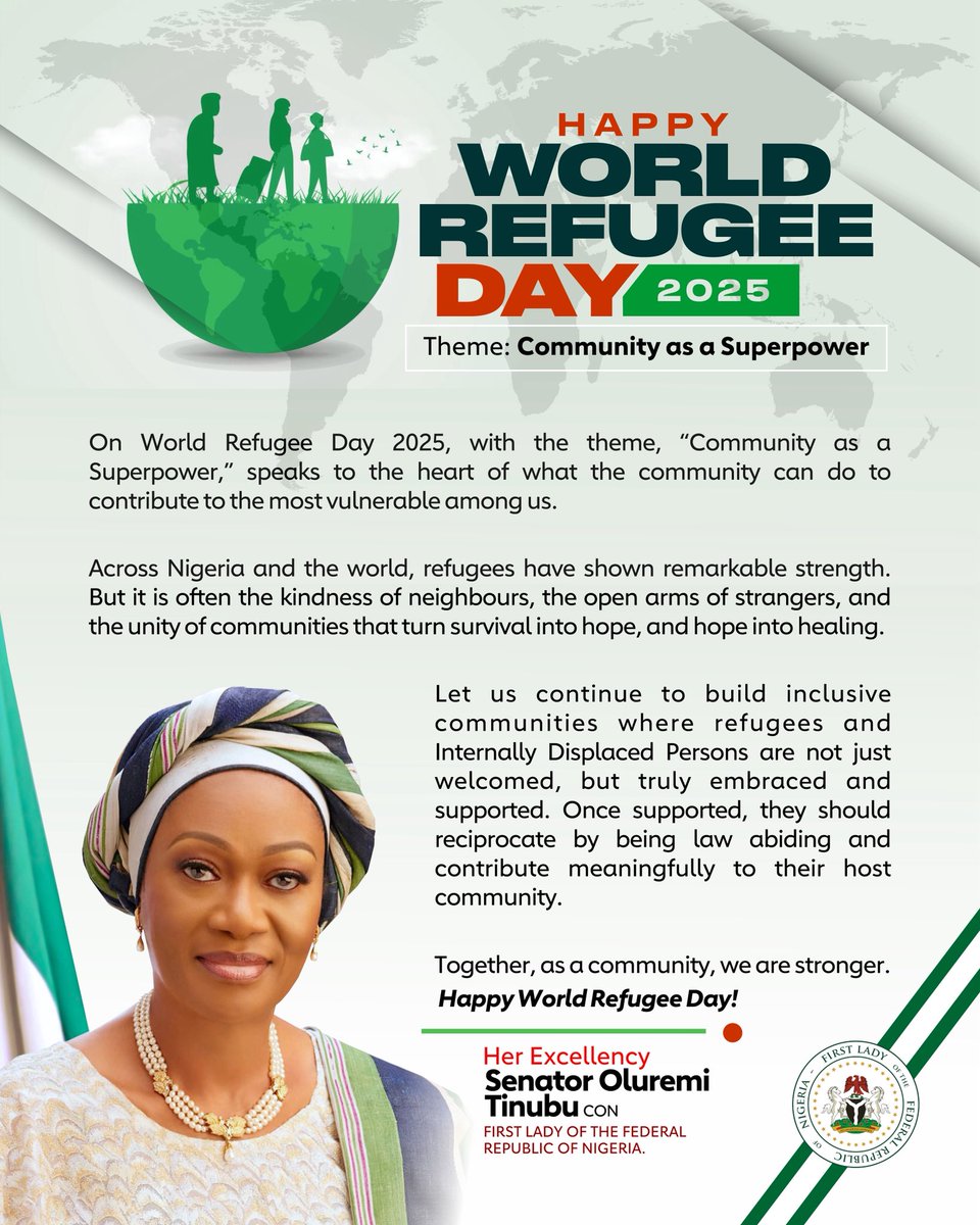 SenRemiTinubu's tweet image. On World Refugee Day 2025, with the theme, “Community as a Superpower,” speaks to the heart of what the community can do to contribute to the most vulnerable among us.
Across Nigeria and the world, refugees have shown remarkable strength. But it is often the kindness of…