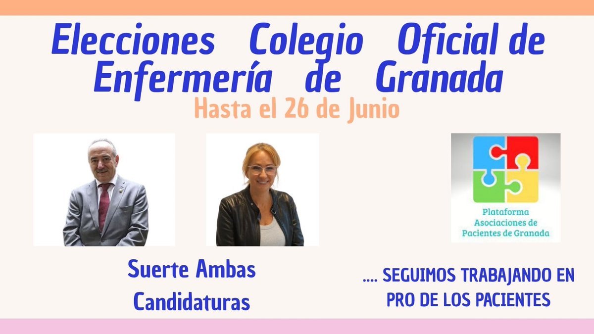 Plataforma Asociaciones de Pacientes de Granada (@pl_pacientesgr) on Twitter photo Elecciones <a href="/codegraes/">Colegio Enfermería Granada #UnaEnfermeraentuVida</a>
🗓️Hasta 26 de junio
Suerte a ambas candidaturas 🍀🍀
#enfermeria #salud #compromiso Elecciones <a href="/codegraes/">Colegio Enfermería Granada #UnaEnfermeraentuVida</a>
🗓️Hasta 26 de junio
Suerte a ambas candidaturas 🍀🍀
#enfermeria #salud #compromiso