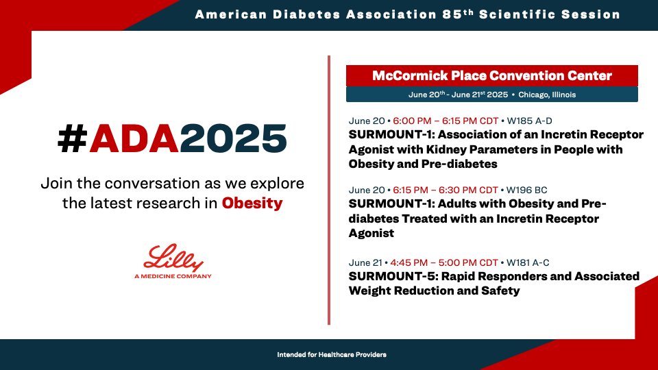 LillyMedical's tweet image. Join the conversation at the ADA 85th Scientific Sessions as we explore new science in #obesity and #diabetes at our upcoming oral presentations.
Learn More: e.lilly/4kFqzHR
#ADA2025