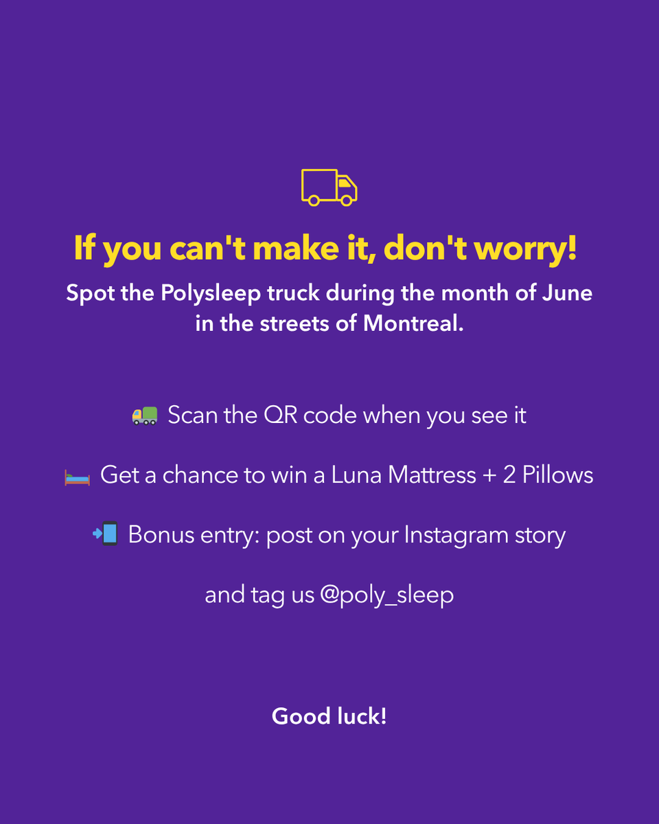The Polysleep Moving Day Truck is hitting the streets of Montreal! 🚛💜 Freebies, surprises, and a chance to win the ultimate sleep set. 

👉 Swipe to know how to join the fun! First come, first served! 

#Polysleep #MovingDayWithPolysleep #Montreal #MadeinCanada