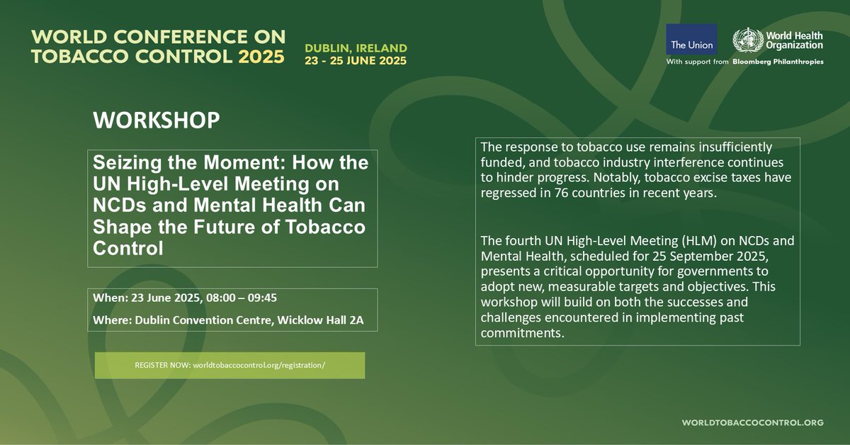 📢Happening this Monday (23 June)!

Attending the World Conference on Tobacco Control in Dublin?

🚭 Join our discussion on how governments can take the #LeadOnNCDs by adopting new measurable targets and objectives to curb tobacco use - a major NCD risk factor.

⏰08:00
📍Dublin