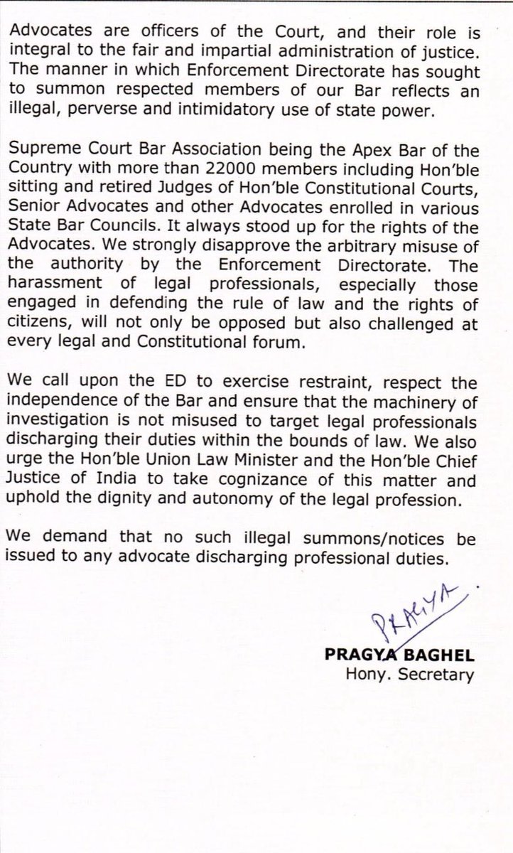 Supreme Court Bar Association condemns ED summons to Senior Adv Pratap Venugopal in respect of a legal advice given by him to a client.