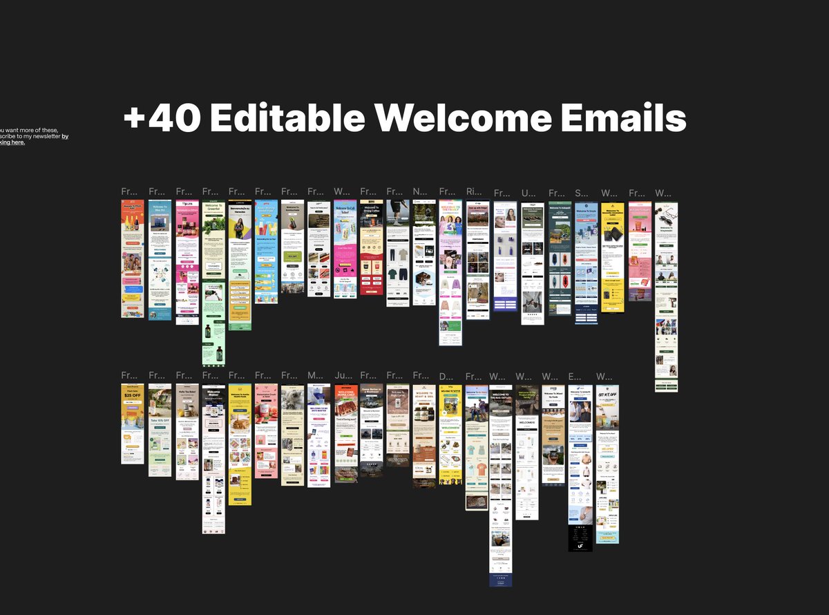 JaneschAndreas's tweet image. Fck it... I'm giving Figma File with +40 Editable Welcome Emails for FREE!

Just duplicate the file and feel free to use these.

How to get it?

1. Like &amp;amp; repost
2. Comment "WELCOME"

And I'll DM you the link straightaway.