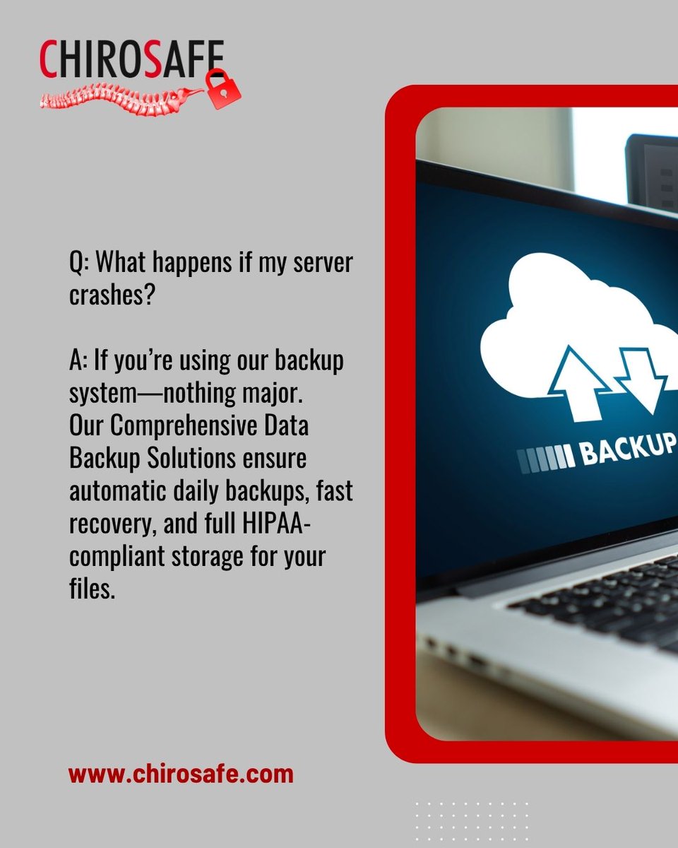 ChiroSafe's tweet image. Q: What happens if my server crashes?
A: If you&apos;re using our backup system—nothing major.
Our Comprehensive Data Backup Solutions ensure automatic daily backups, fast recovery, and full HIPAA-compliant storage for your files.

(470) 567-1895
tinyurl.com/2mawt2c7