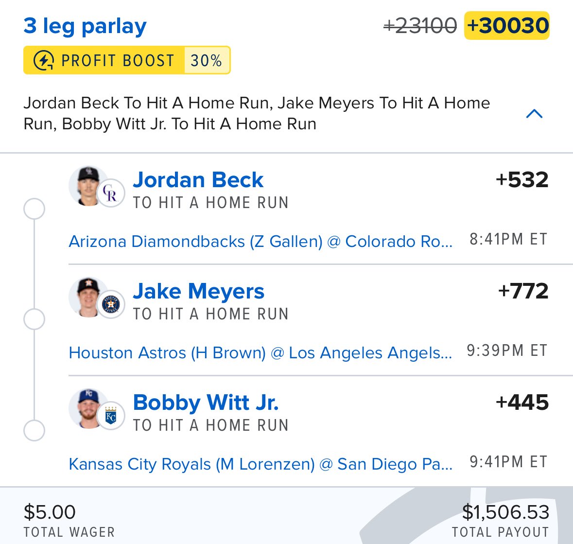 xBETS_Sports's tweet photo. 🔥 3-LEG DINGER PARLAY 🔥

☄️ Jordan Beck +532
☄️ Jake Meyers +772
☄️ Bobby Witt Jr. +445

$5 ➡️ $1,506.53 💰💣
Let’s send this to the moon 🚀💥

#MLB #HomeRunParlay #DingerSeason #xBETS #BettingPicks #GamblingTwitter #MLBPicks #ParlayParty #LongshotLotto https://t.co/dzzevZKei4