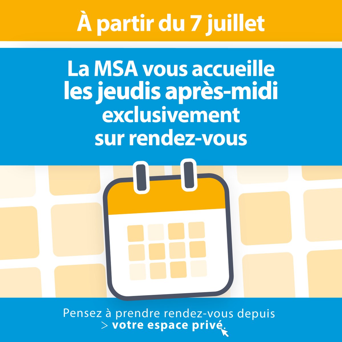 A partir du 7 juillet, afin d'élargir notre plage d'accueil réservée aux rendez-vous téléphoniques, la MSA vous recevra exclusivement en rendez-vous téléphonique les jeudis après-midi.