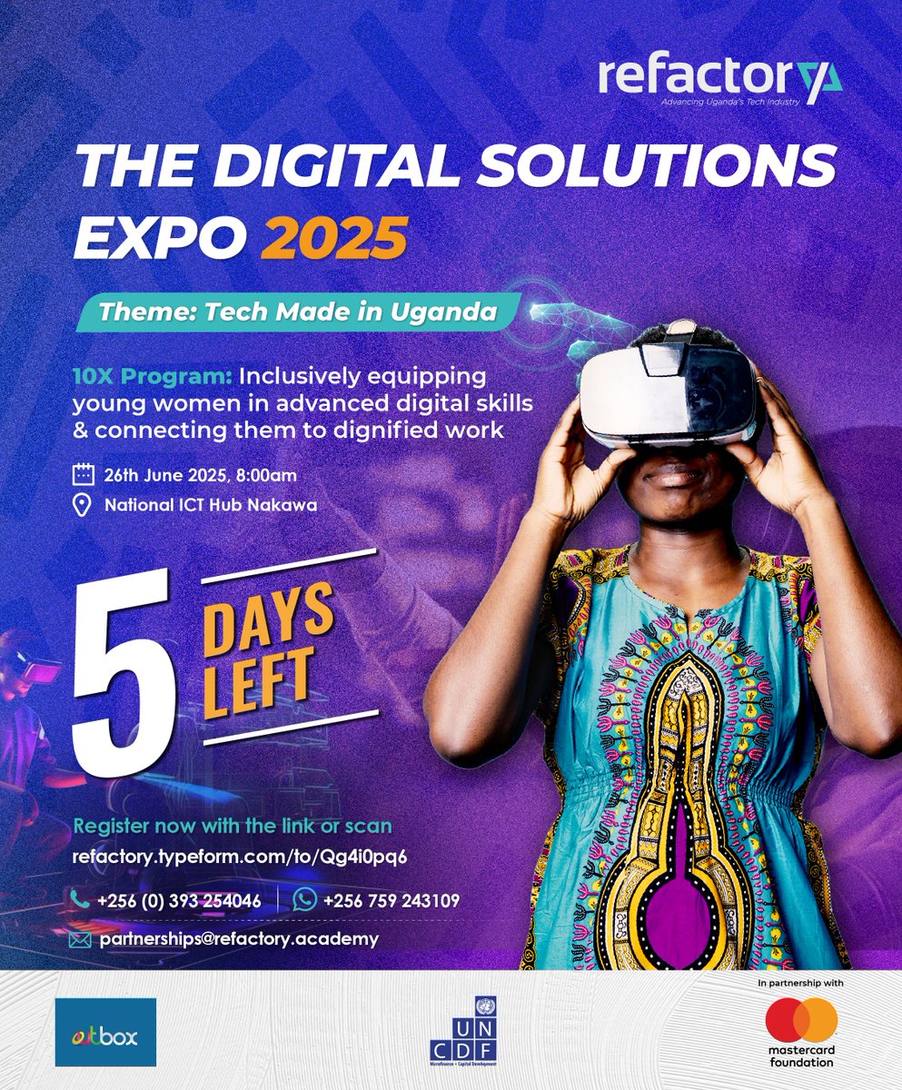#DigitalSolutionsExpo2025 is your chance to explore real-world digital projects by Refactory apprentices. Businesses gain innovation, lower dev costs &amp; shape future tech talent. Pre-register now: refactory.typeform.com/to/Qg4i0pq6
#10XProgram #10XDigitalEconomy #techmadeinuganda
