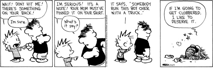 Calvinn_Hobbes's tweet image. If you’re gonna get decked, might as well go out dramatically. Calvin lives by the go-big-or-get-run-over motto.
#CalvinandHobbes40 #CommitToTheBit