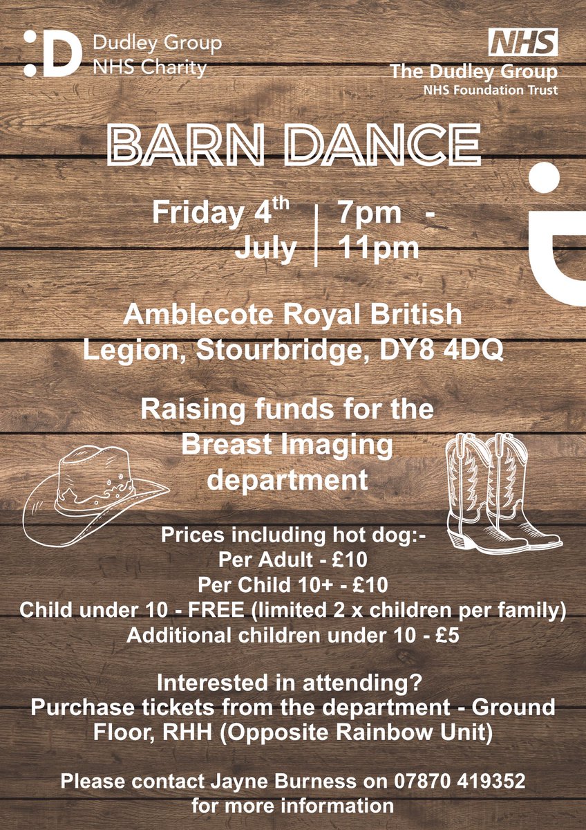 DGNHS Charity 💙 (@dgnhscharity) on Twitter photo Our Charity Barn Dance is just 2 weeks away! Join us at Amblecote British Legion to support the Breast Screening Dept 🤠 Enjoy live tunes from Duo Banjacs & Billy the Busker. Grab your tickets now and dance for a great cause while raising vital funds!
<a href="/DudleyGroupNHS/">The Dudley Group</a> Our Charity Barn Dance is just 2 weeks away! Join us at Amblecote British Legion to support the Breast Screening Dept 🤠 Enjoy live tunes from Duo Banjacs & Billy the Busker. Grab your tickets now and dance for a great cause while raising vital funds!
<a href="/DudleyGroupNHS/">The Dudley Group</a>